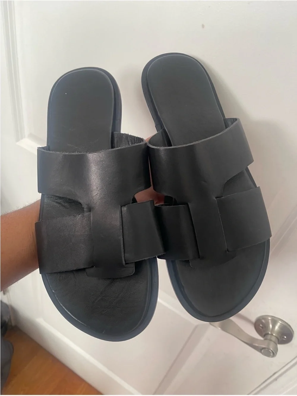 New Black Leather Mens Slide Sandals Sz 10.5